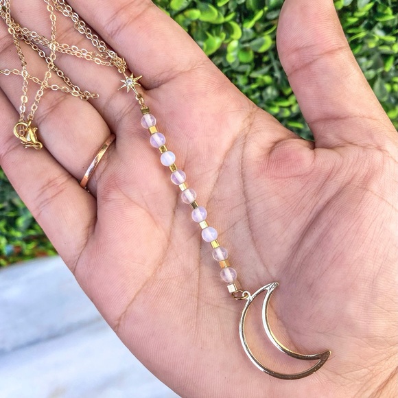 White Opal Crescent Moon Beaded Necklace Genuine Lariat Gemstone Bohemian - Picture 2 of 4